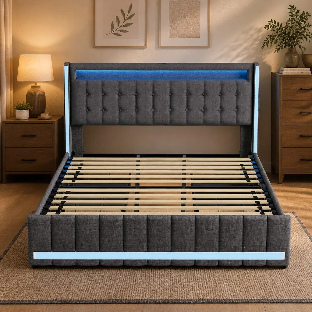 King Bed Frame Linen Grey with Storage Drawers LED USB Charging Ports