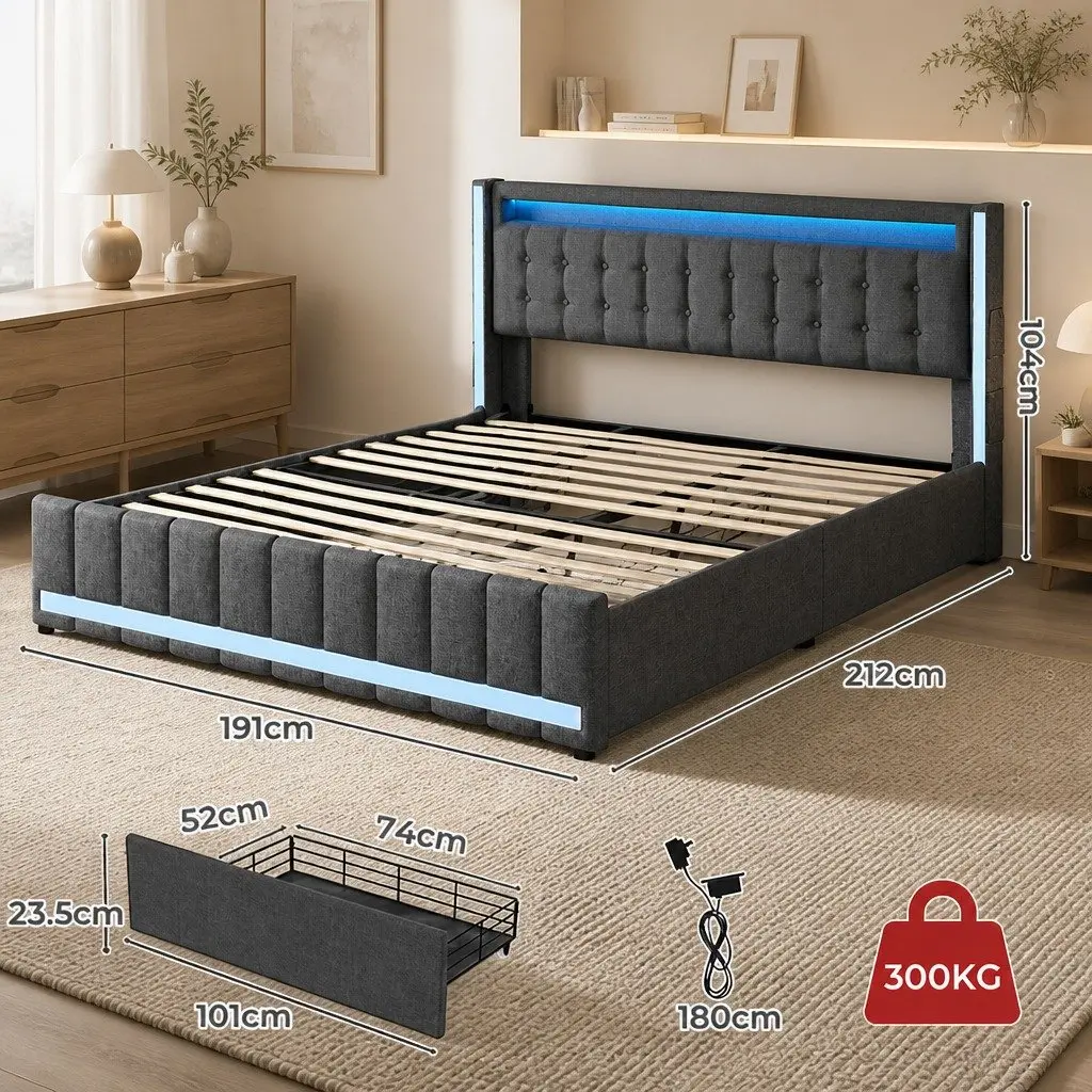 King Bed Frame Linen Grey with Storage Drawers LED USB Charging Ports