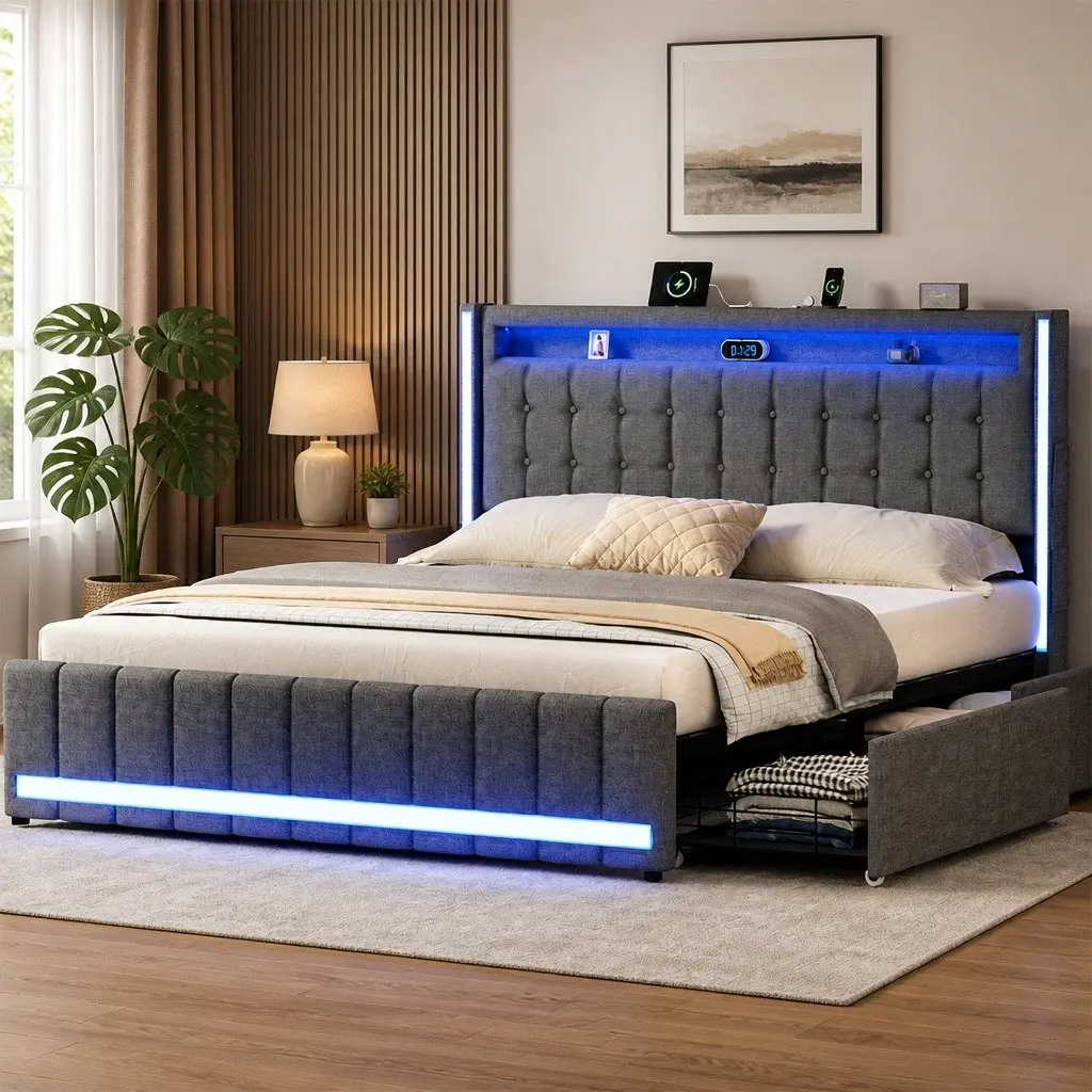King Bed Frame Linen Grey with Storage Drawers LED USB Charging Ports