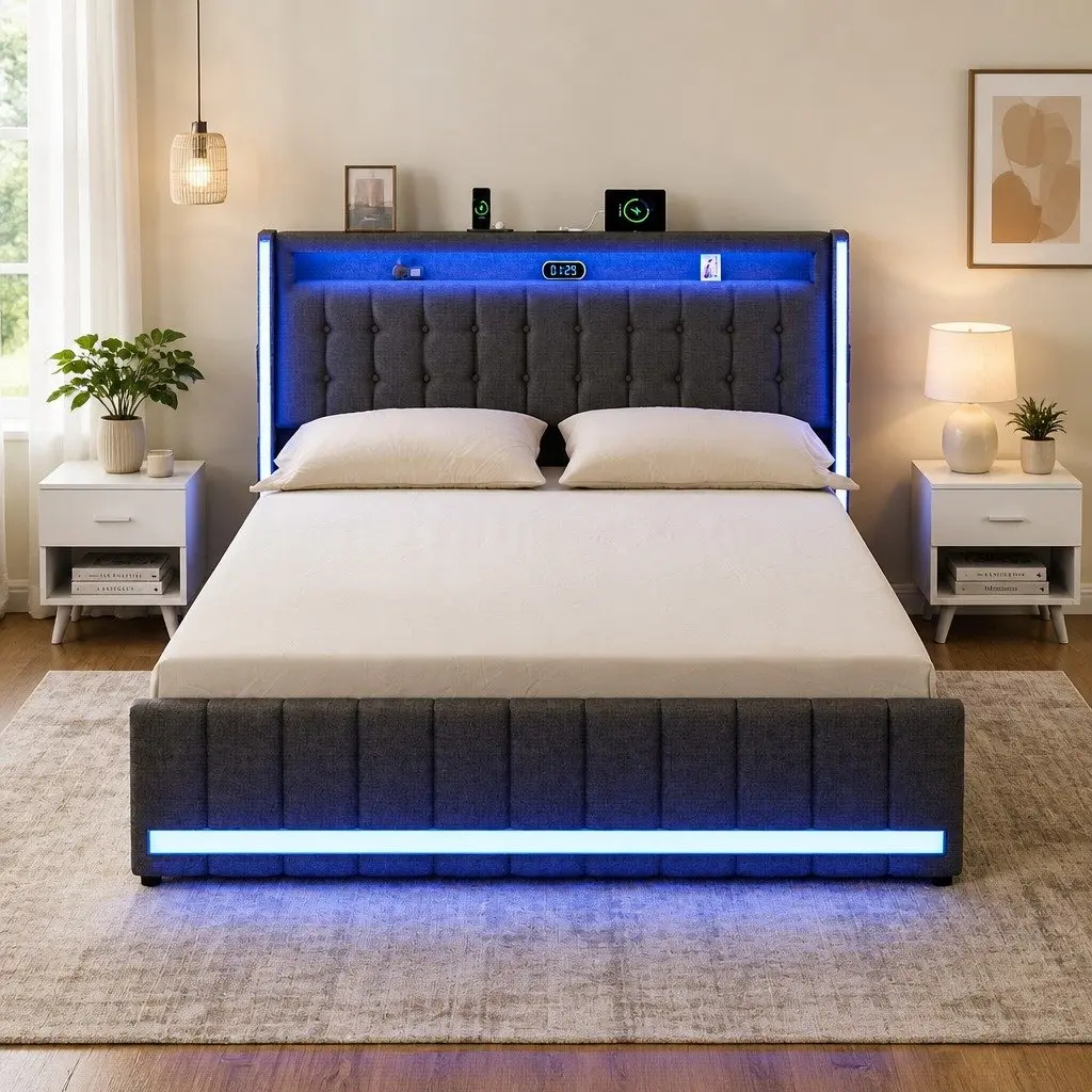 King Bed Frame Linen Grey with Storage Drawers LED USB Charging Ports