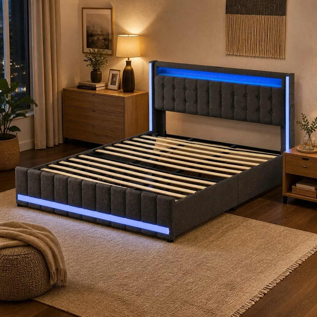 King Bed Frame Linen Grey with Storage Drawers LED USB Charging Ports