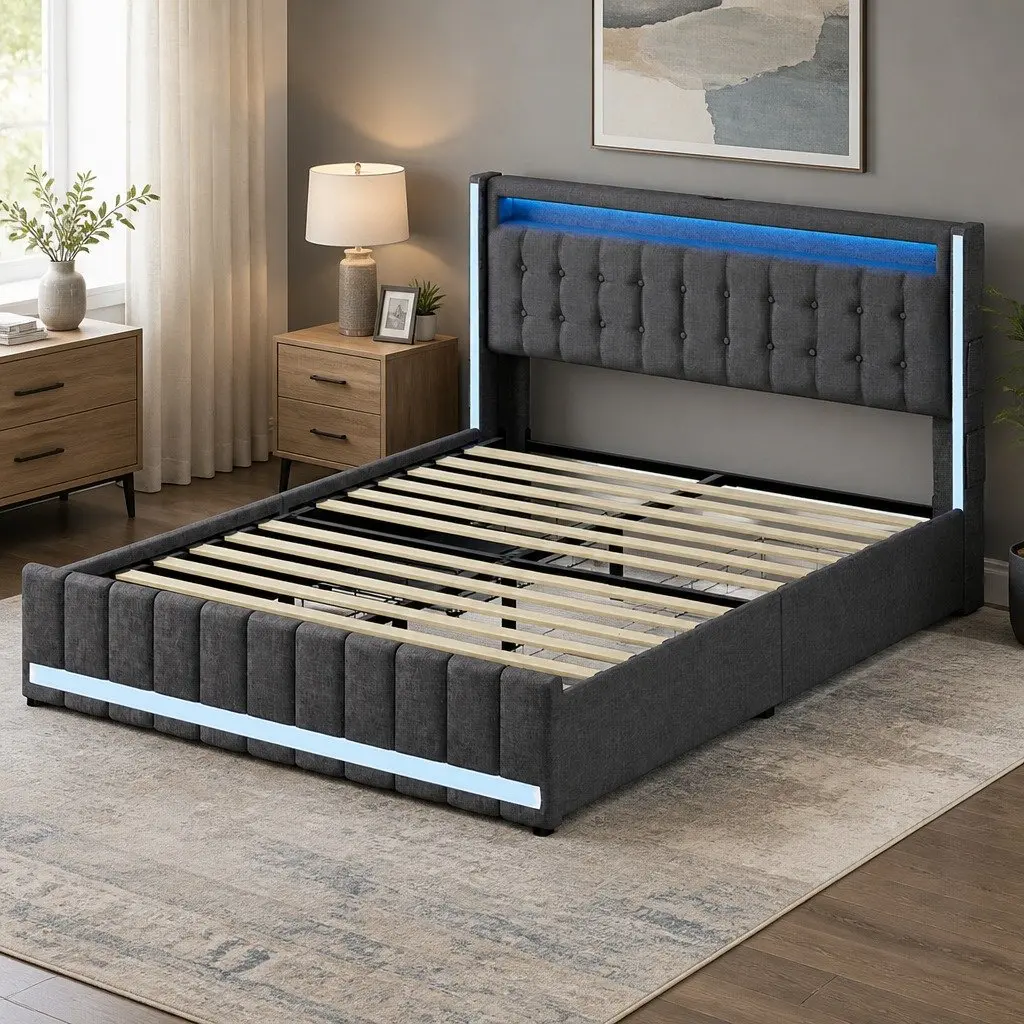 Queen Bed Frame Gray Linen Fabric with Storage Drawers LED Headboard USB Power Outlets