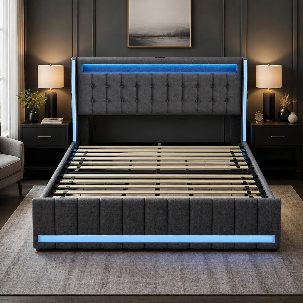 Queen Bed Frame Gray Linen Fabric with Storage Drawers LED Headboard USB Power Outlets