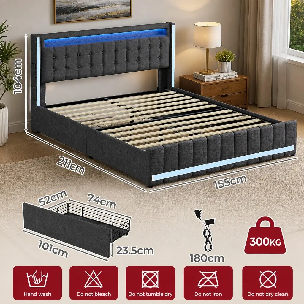 Queen Bed Frame Gray Linen Fabric with Storage Drawers LED Headboard USB Power Outlets