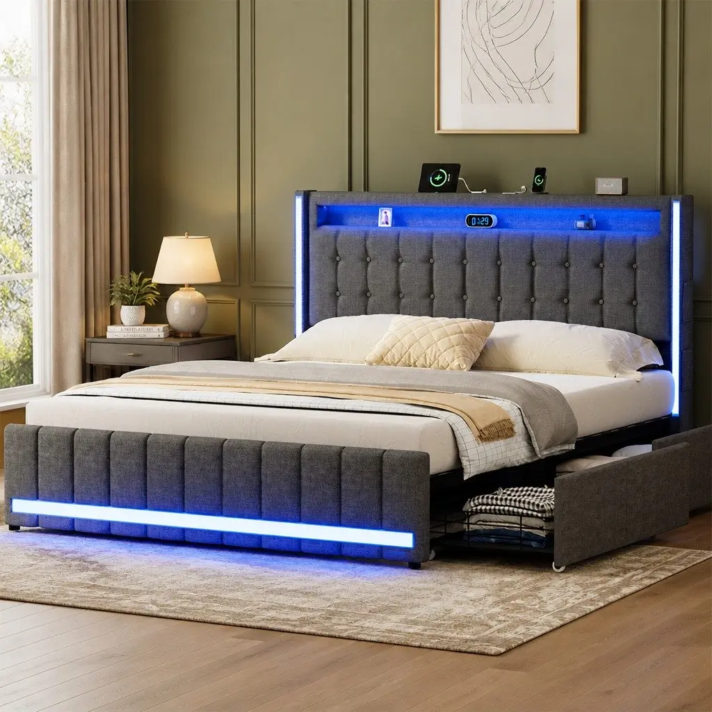 Queen Bed Frame Gray Linen Fabric with Storage Drawers LED Headboard USB Power Outlets