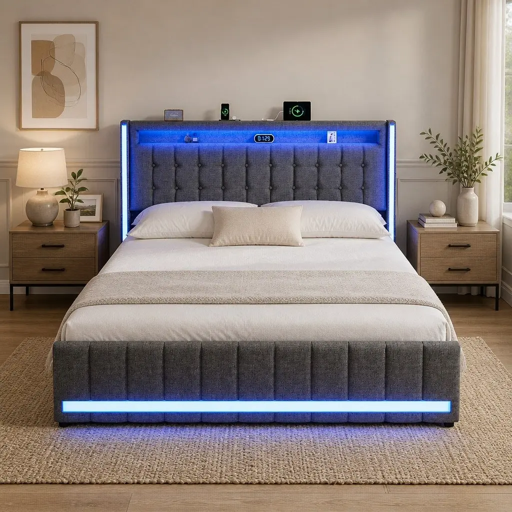 Queen Bed Frame Gray Linen Fabric with Storage Drawers LED Headboard USB Power Outlets