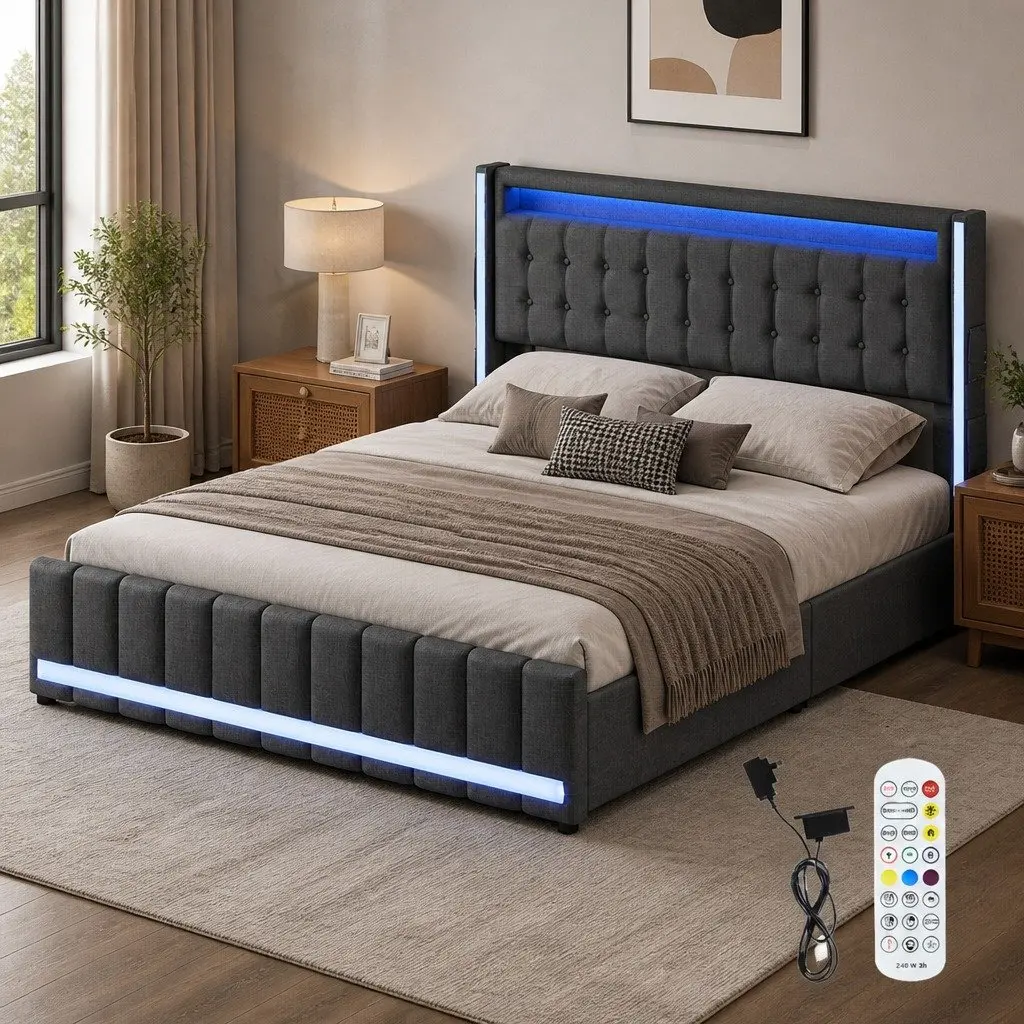 Queen Bed Frame Gray Linen Fabric with Storage Drawers LED Headboard USB Power Outlets