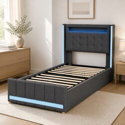 Storage-Enhanced Single Bed Frame with LED Headboard