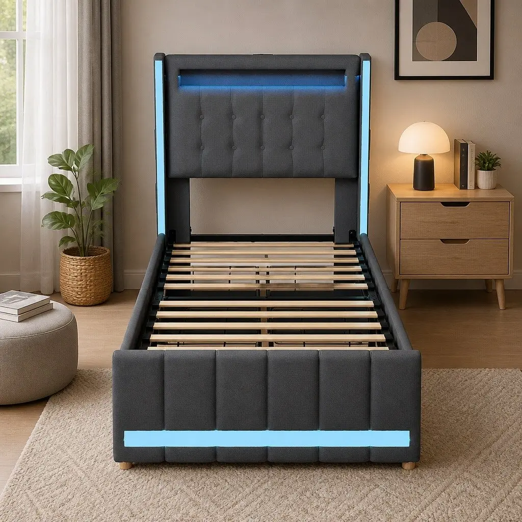 Single Bed Frame Linen Upholstered Grey with Storage Drawers RGB LED Headboard USB Charging Ports Solid Wood and Metal Construction