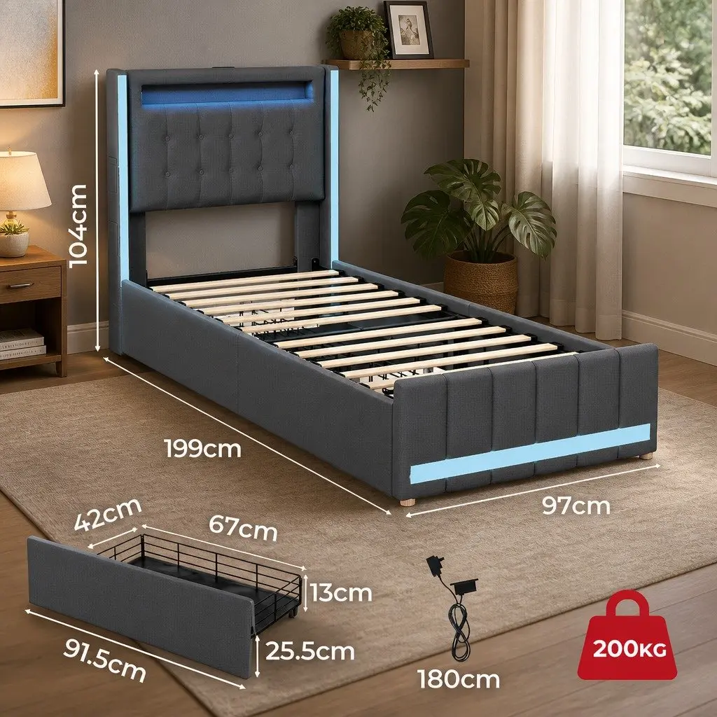 Single Bed Frame Linen Upholstered Grey with Storage Drawers RGB LED Headboard USB Charging Ports Solid Wood and Metal Construction