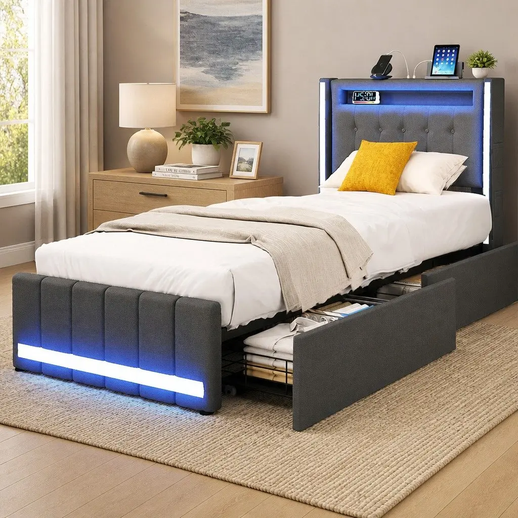 Single Bed Frame Linen Upholstered Grey with Storage Drawers RGB LED Headboard USB Charging Ports Solid Wood and Metal Construction