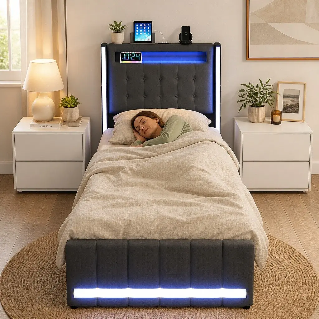 Single Bed Frame Linen Upholstered Grey with Storage Drawers RGB LED Headboard USB Charging Ports Solid Wood and Metal Construction