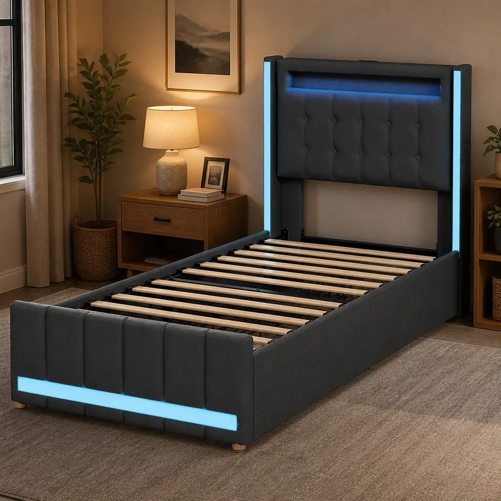 Single Bed Frame Linen Upholstered Grey with Storage Drawers RGB LED Headboard USB Charging Ports Solid Wood and Metal Construction