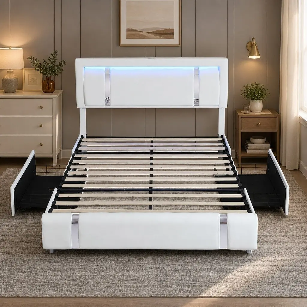 Double Bed Frame Adjustable Headboard USB Charging LED Light Storage Drawers White PU Leather Steel 215cm x 158cm x 112cm