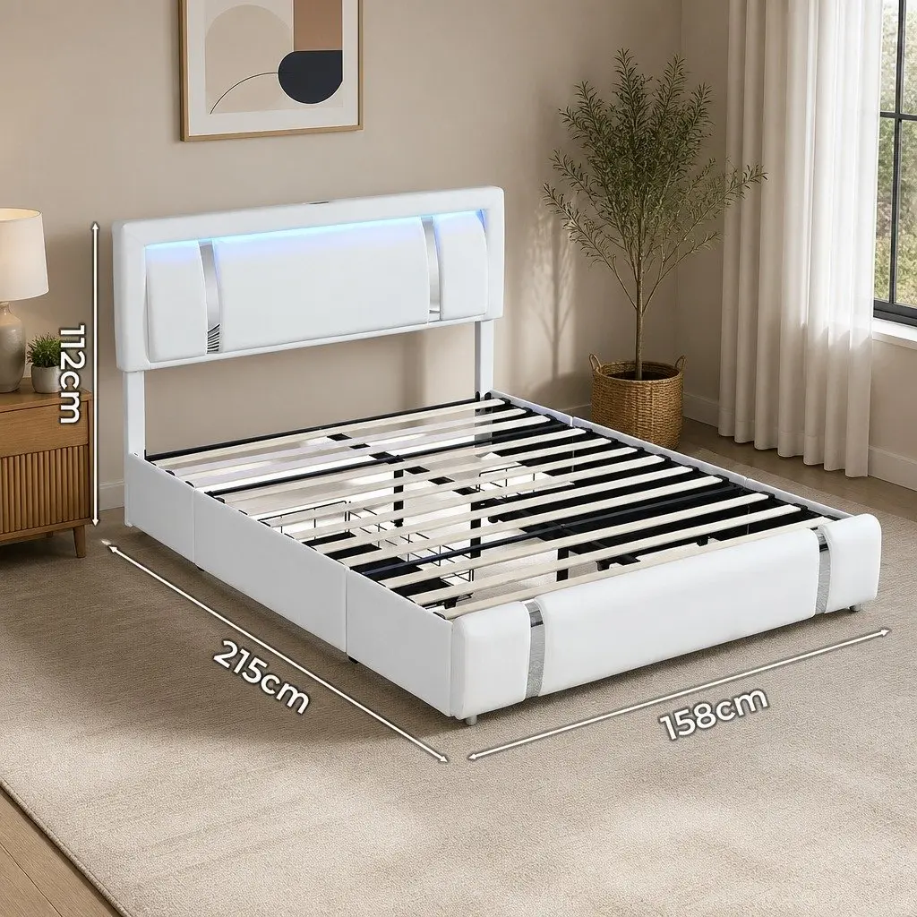 Double Bed Frame Adjustable Headboard USB Charging LED Light Storage Drawers White PU Leather Steel 215cm x 158cm x 112cm
