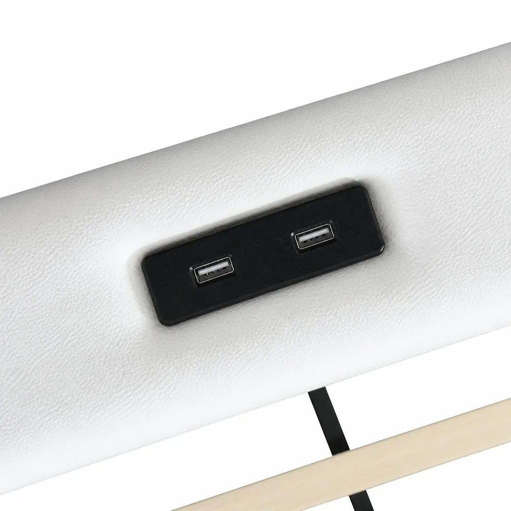 Double Bed Frame Adjustable Headboard USB Charging LED Light Storage Drawers White PU Leather Steel 215cm x 158cm x 112cm