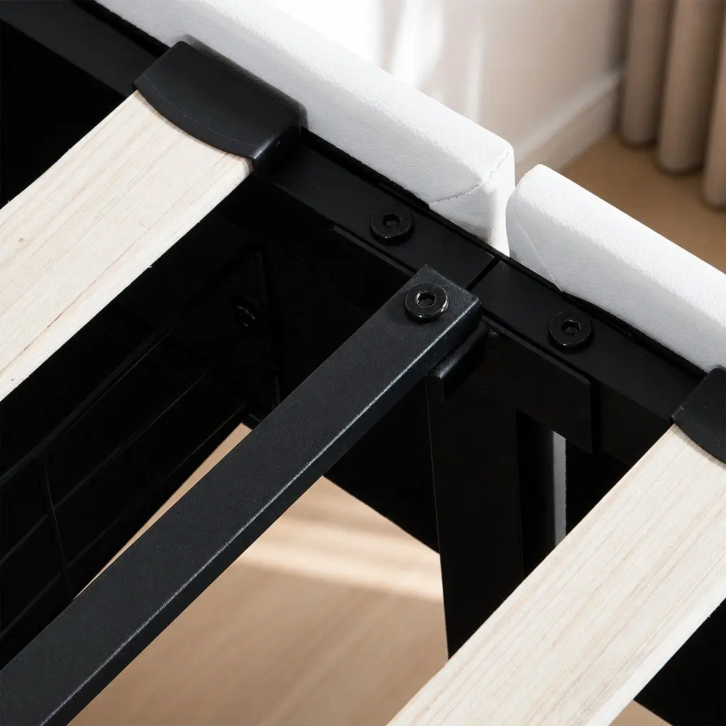 Double Bed Frame Adjustable Headboard USB Charging LED Light Storage Drawers White PU Leather Steel 215cm x 158cm x 112cm