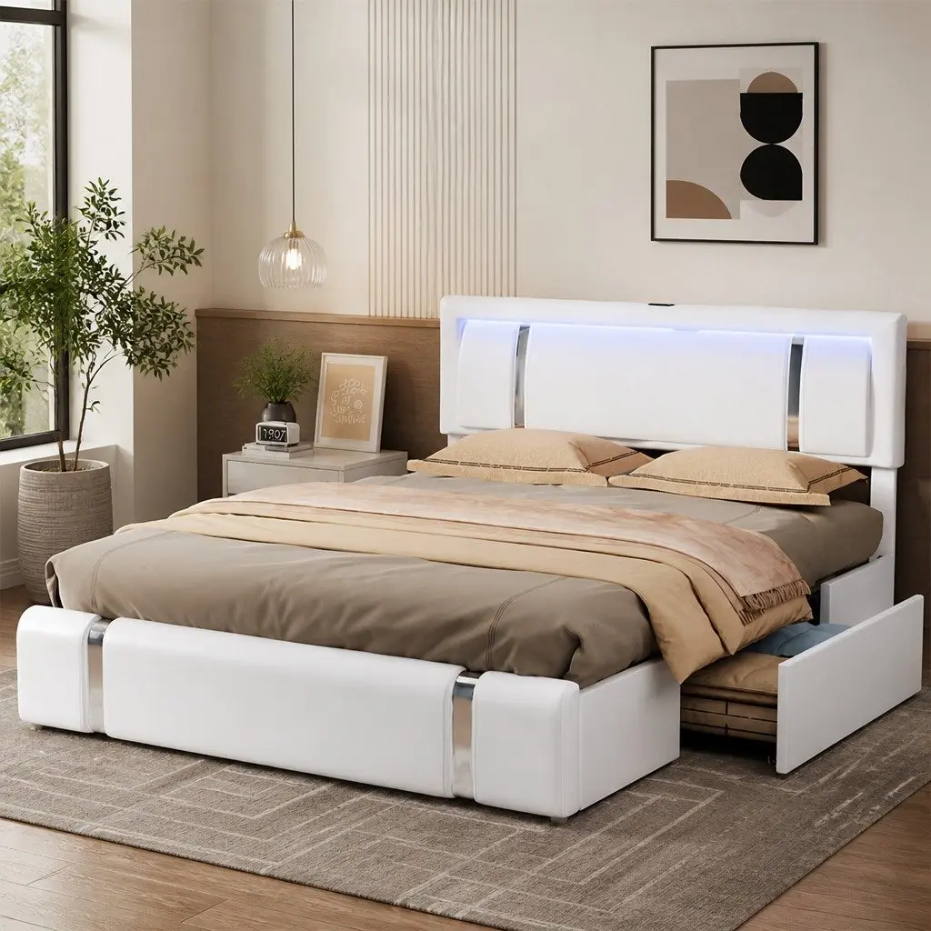 Double Bed Frame Adjustable Headboard USB Charging LED Light Storage Drawers White PU Leather Steel 215cm x 158cm x 112cm