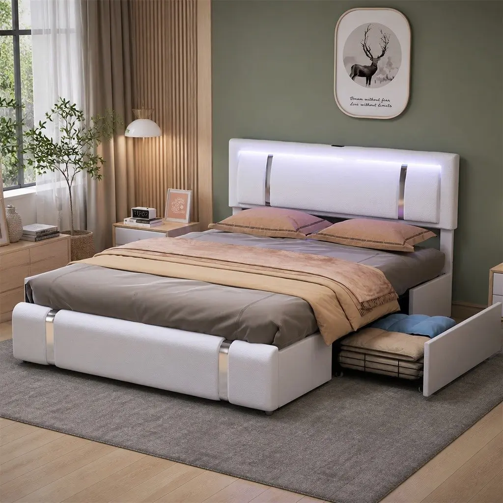 Double Bed Frame Adjustable Headboard USB Charging LED Light Storage Drawers White PU Leather Steel 215cm x 158cm x 112cm