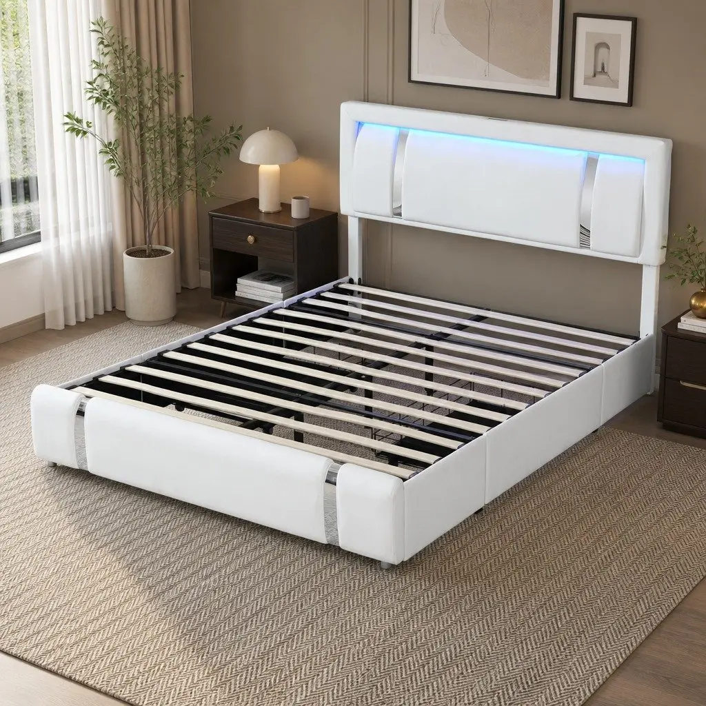 Double Bed Frame Adjustable Headboard USB Charging LED Light Storage Drawers White PU Leather Steel 215cm x 158cm x 112cm