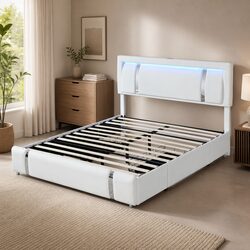 King Bed Frame with Adjustable Leather Headboard and Lights
