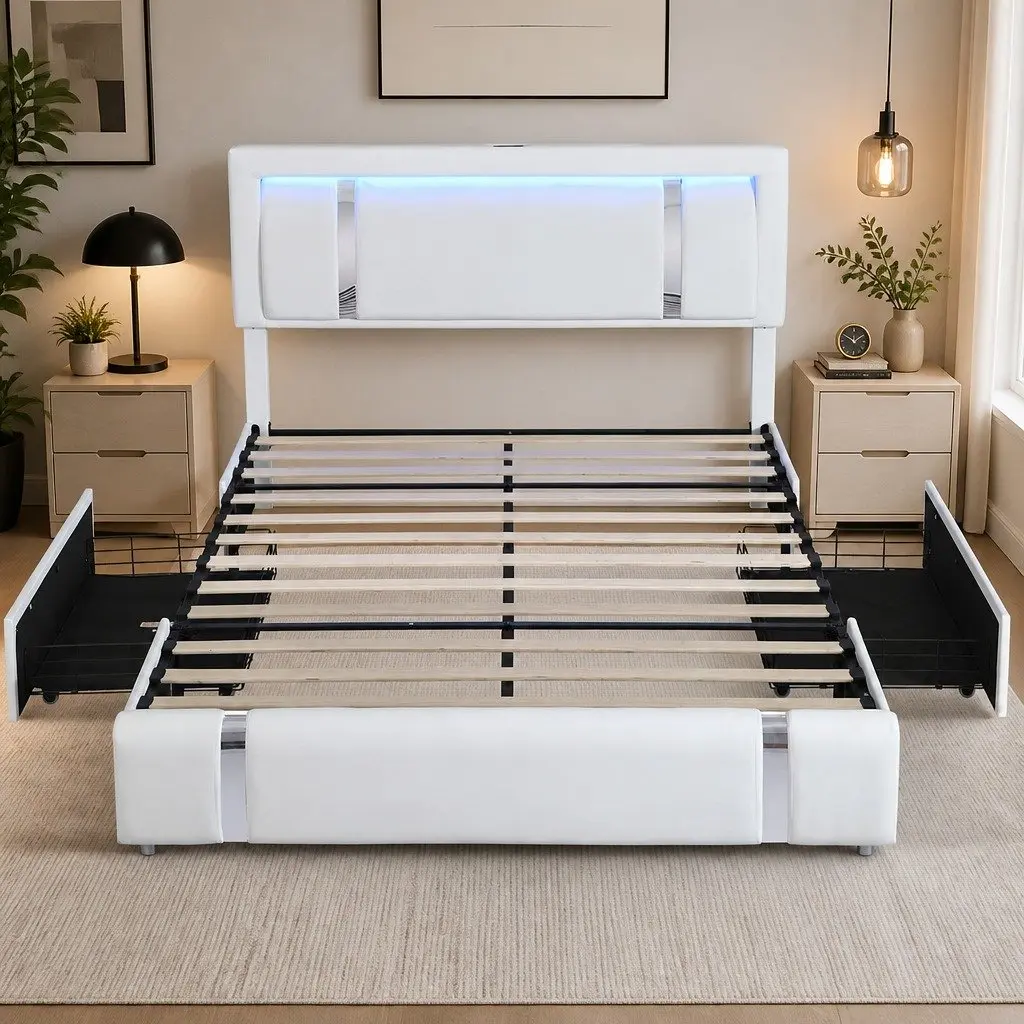 King Bed Frame Adjustable Leather Headboard RGB LED Lights USB Charging Steel White