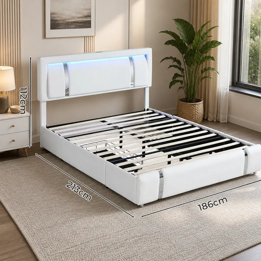 King Bed Frame Adjustable Leather Headboard RGB LED Lights USB Charging Steel White