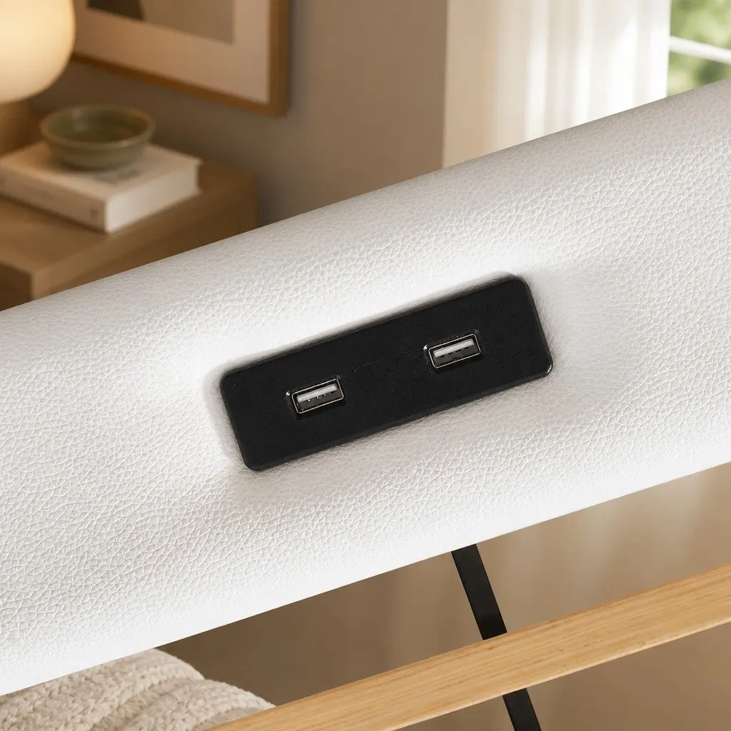 King Bed Frame Adjustable Leather Headboard RGB LED Lights USB Charging Steel White