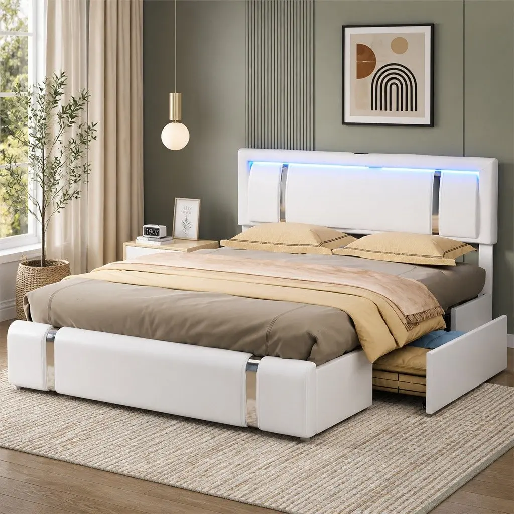 King Bed Frame Adjustable Leather Headboard RGB LED Lights USB Charging Steel White