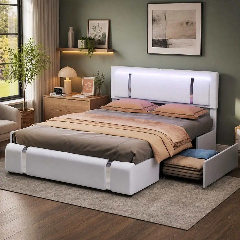 King Bed Frame Adjustable Leather Headboard RGB LED Lights USB Charging Steel White