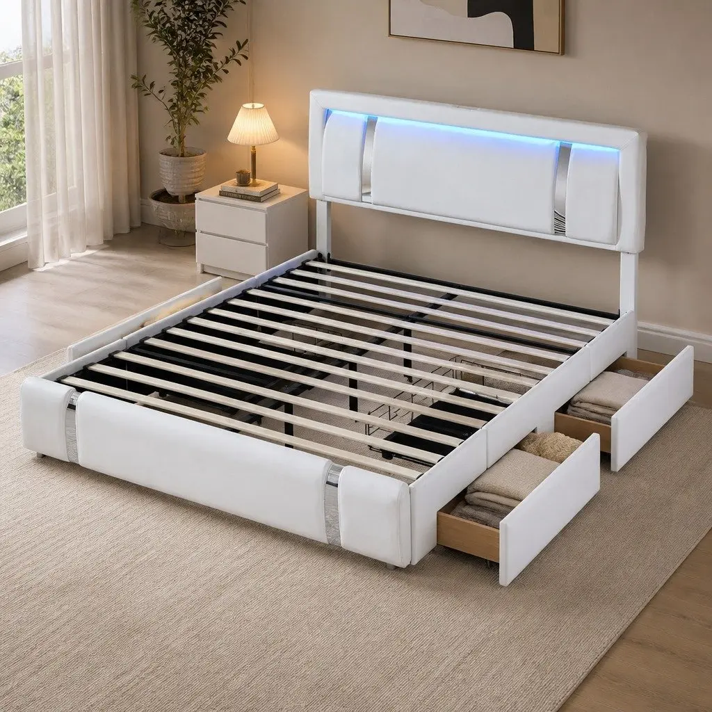 King Bed Frame Adjustable Leather Headboard RGB LED Lights USB Charging Steel White