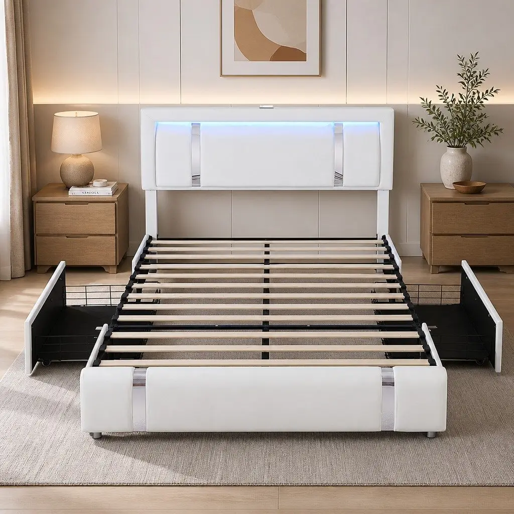 Queen Bed Frame PU Leather Adjustable Headboard USB Charging LED Light Storage Drawers White 228cm L x 171cm W x 112cm H