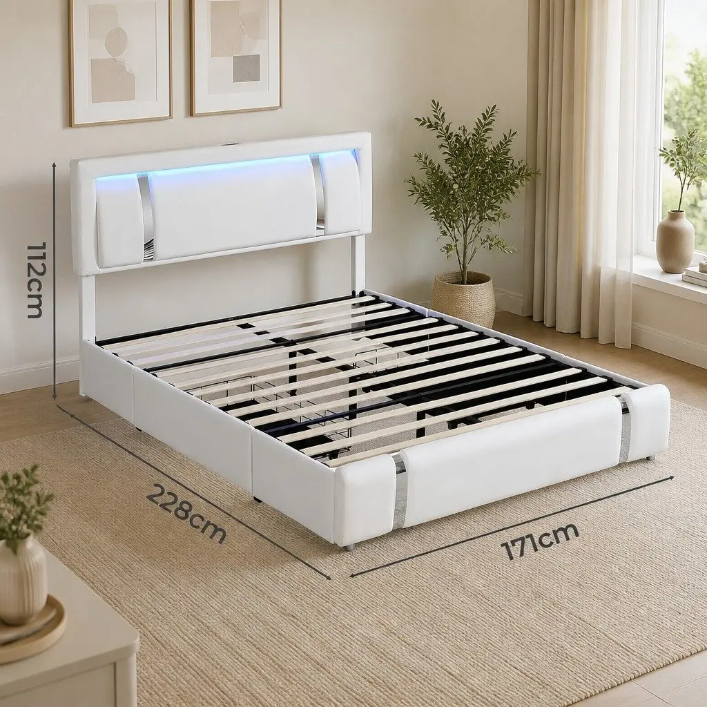 Queen Bed Frame PU Leather Adjustable Headboard USB Charging LED Light Storage Drawers White 228cm L x 171cm W x 112cm H