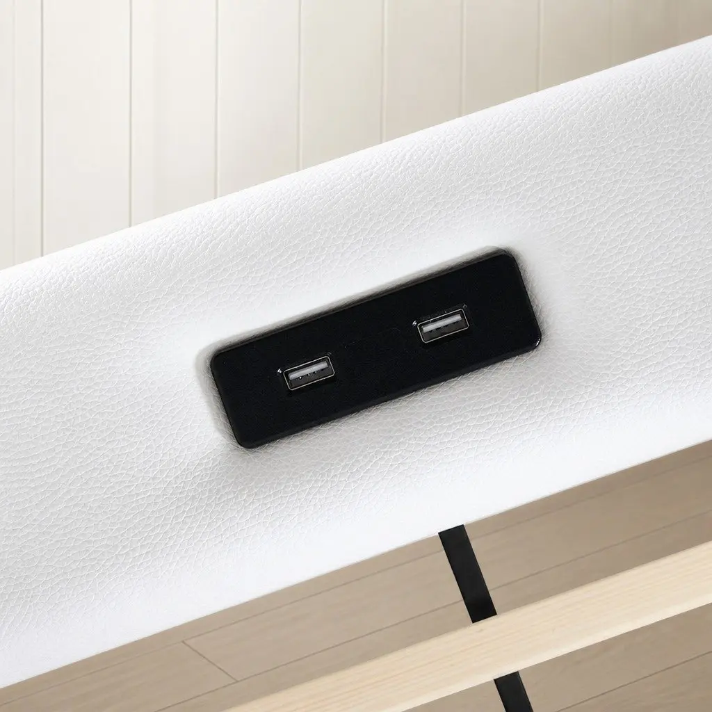 Queen Bed Frame PU Leather Adjustable Headboard USB Charging LED Light Storage Drawers White 228cm L x 171cm W x 112cm H