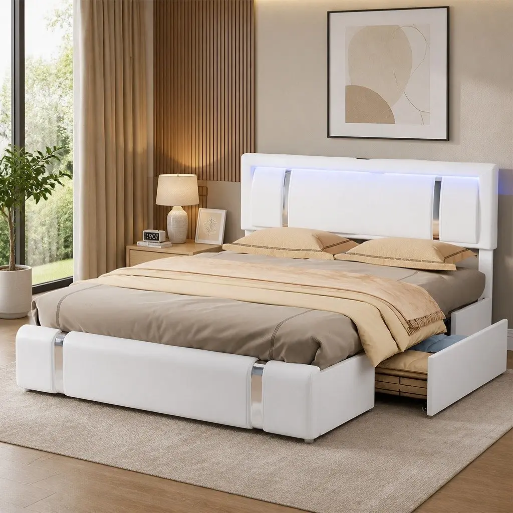 Queen Bed Frame PU Leather Adjustable Headboard USB Charging LED Light Storage Drawers White 228cm L x 171cm W x 112cm H