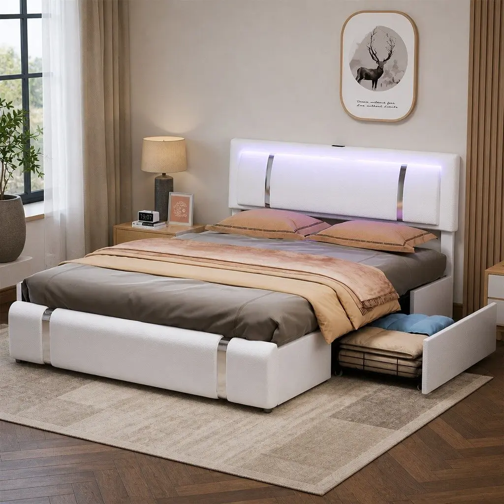 Queen Bed Frame PU Leather Adjustable Headboard USB Charging LED Light Storage Drawers White 228cm L x 171cm W x 112cm H