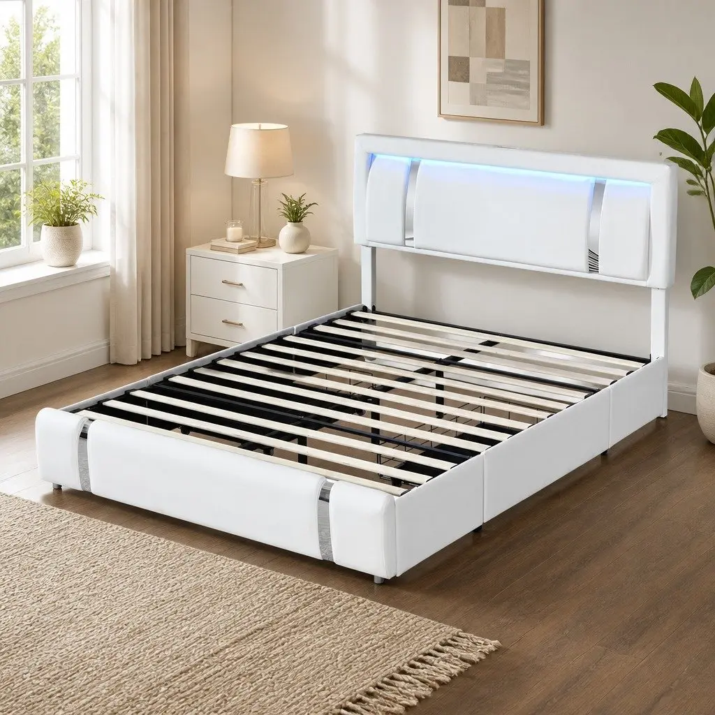 Queen Bed Frame PU Leather Adjustable Headboard USB Charging LED Light Storage Drawers White 228cm L x 171cm W x 112cm H