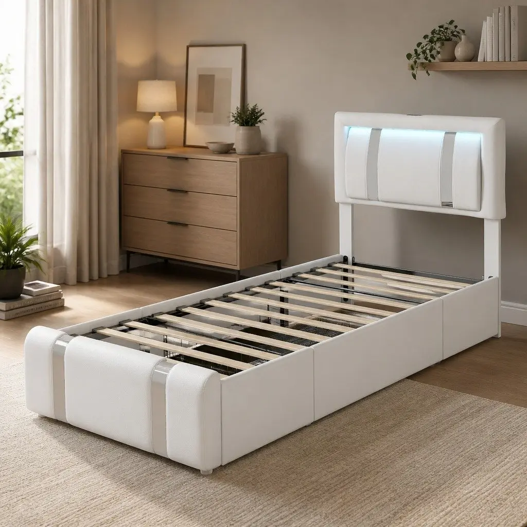 Single Bed Frame White PU Leather Adjustable Headboard RGB LED Lights USB Charging 2 Drawers 201cm x 95cm x 112cm