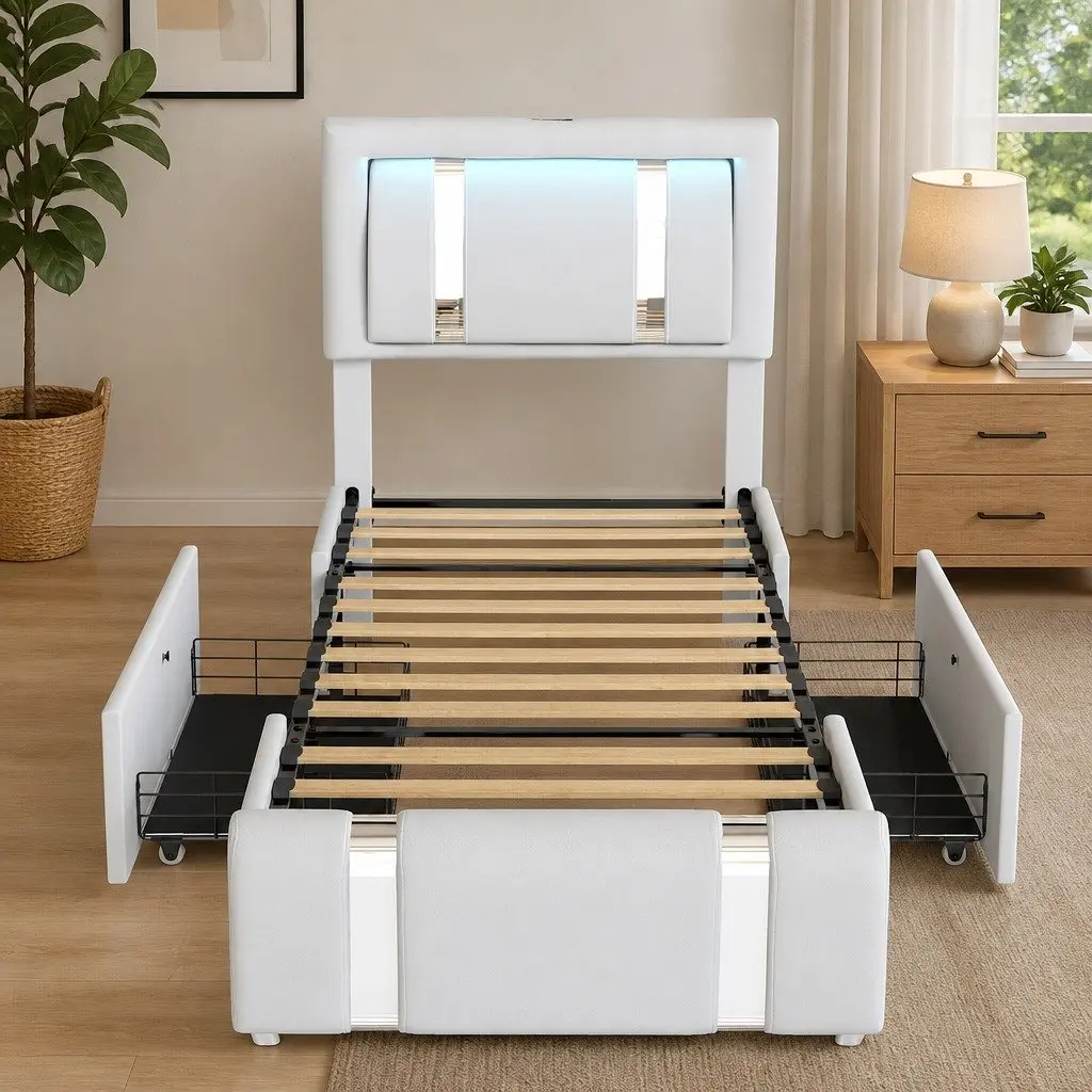 Single Bed Frame White PU Leather Adjustable Headboard RGB LED Lights USB Charging 2 Drawers 201cm x 95cm x 112cm