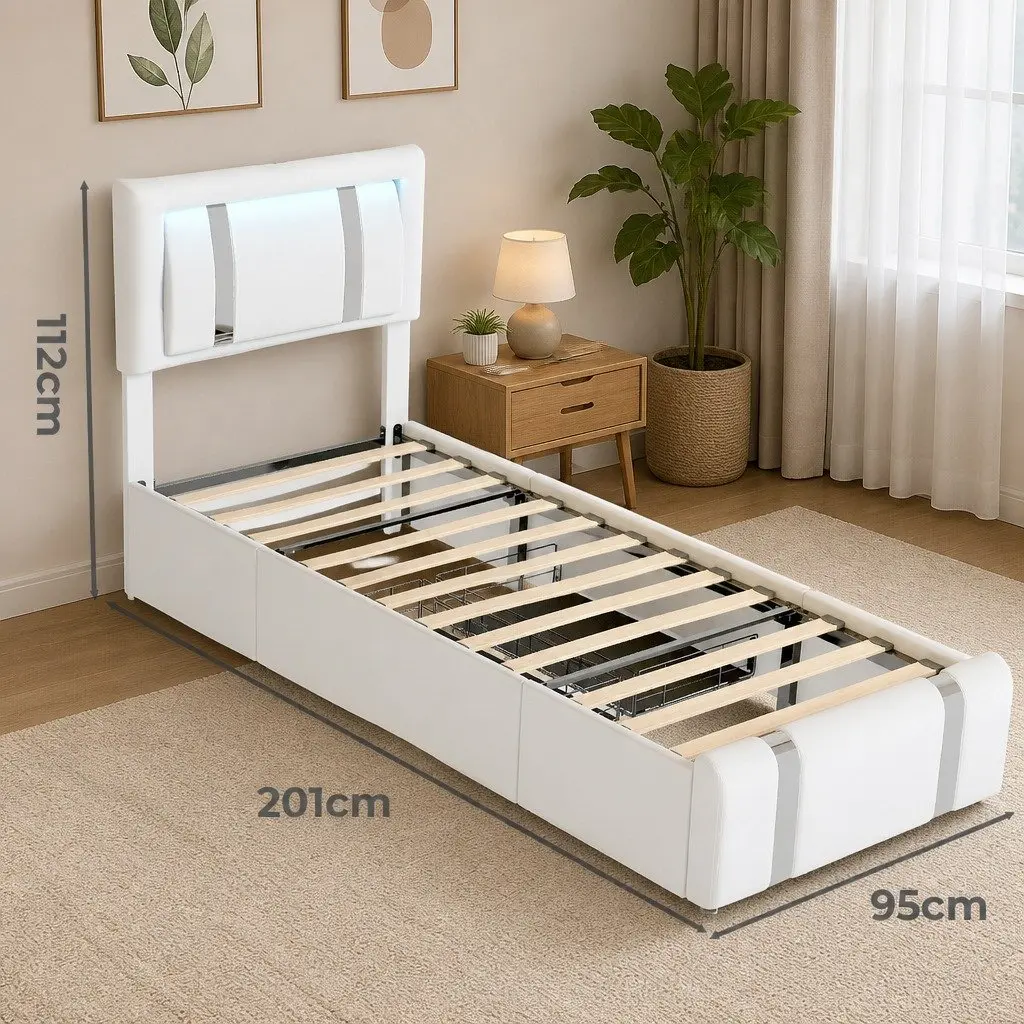 Single Bed Frame White PU Leather Adjustable Headboard RGB LED Lights USB Charging 2 Drawers 201cm x 95cm x 112cm