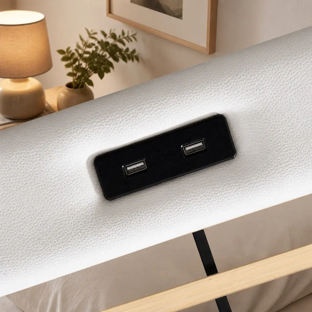 Single Bed Frame White PU Leather Adjustable Headboard RGB LED Lights USB Charging 2 Drawers 201cm x 95cm x 112cm
