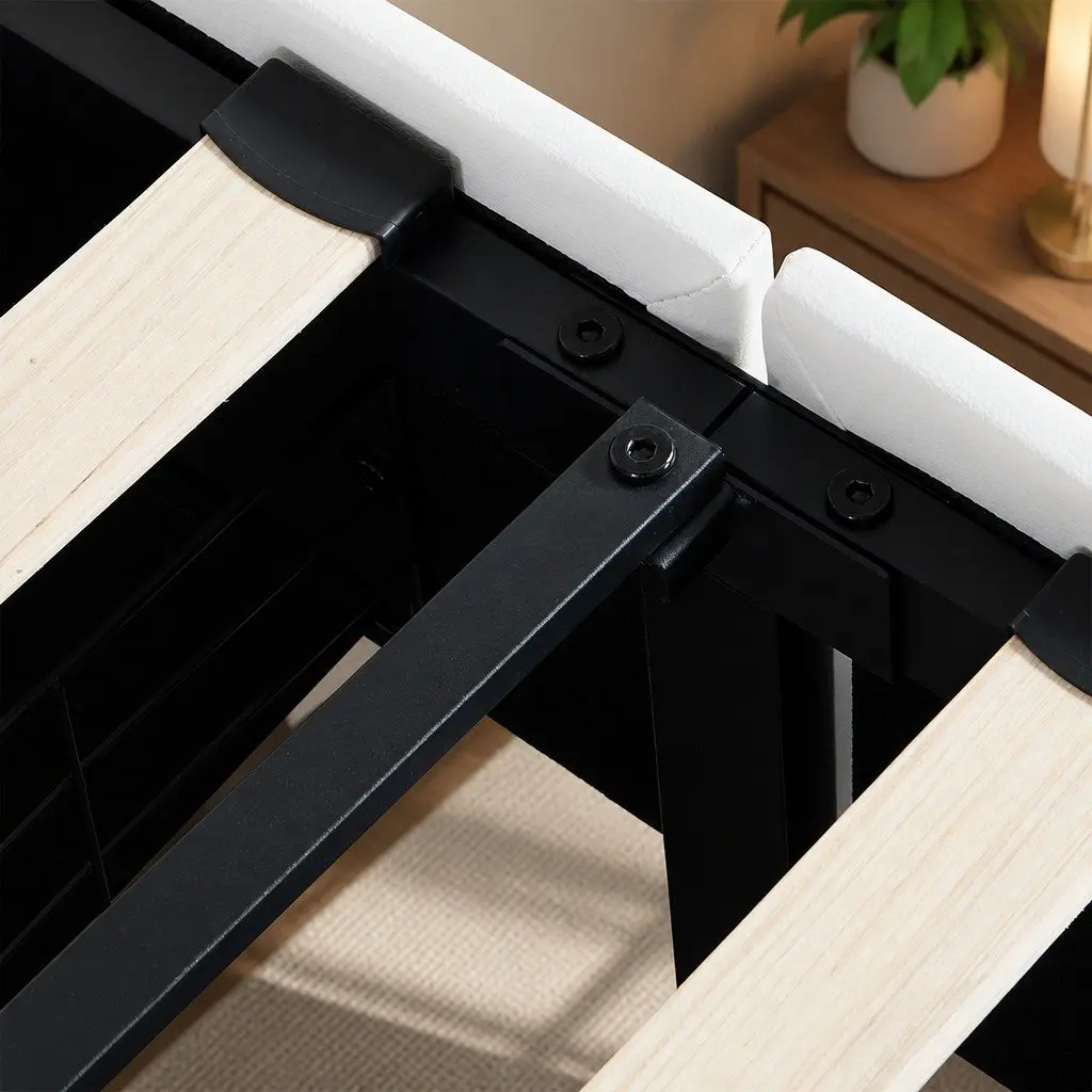 Single Bed Frame White PU Leather Adjustable Headboard RGB LED Lights USB Charging 2 Drawers 201cm x 95cm x 112cm