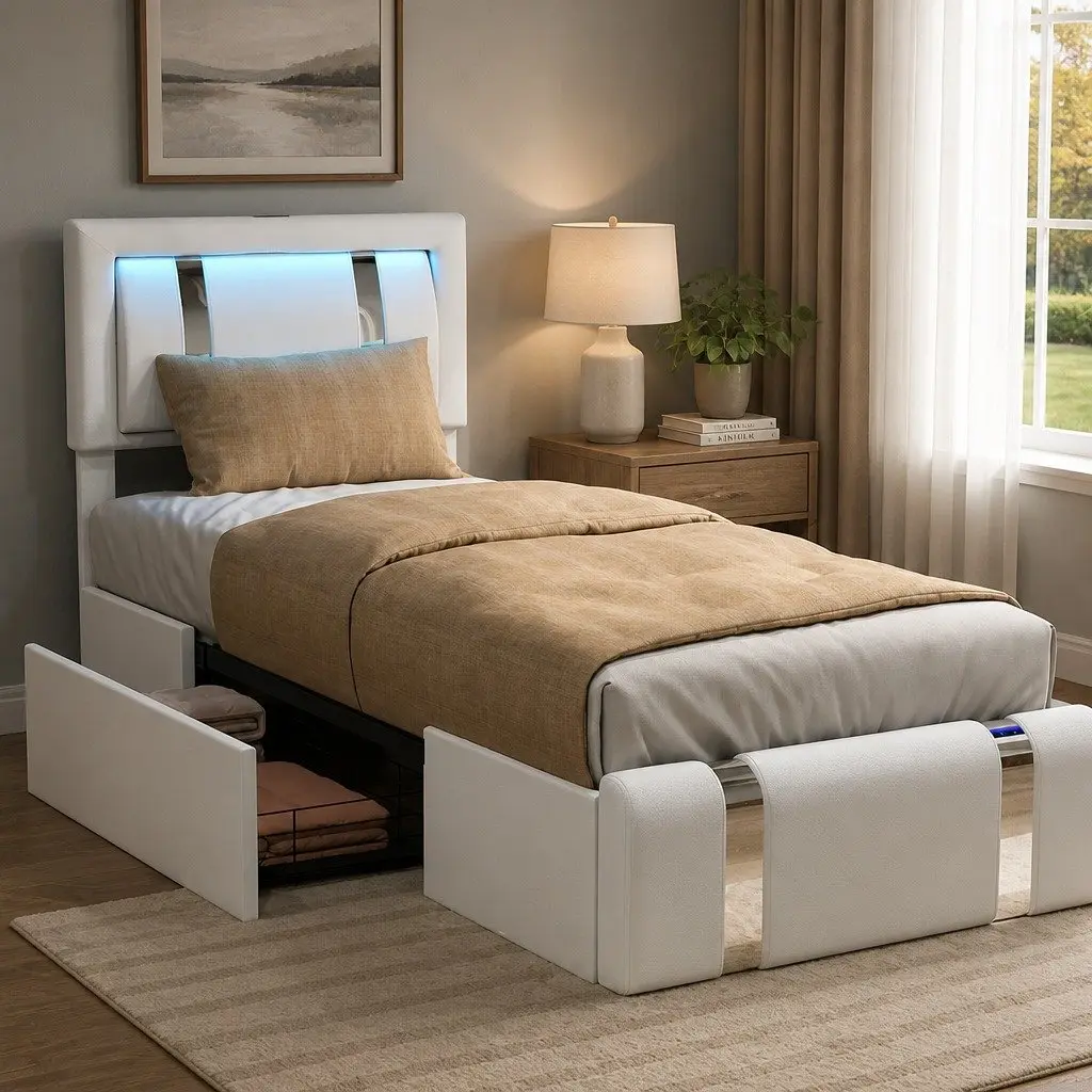 Single Bed Frame White PU Leather Adjustable Headboard RGB LED Lights USB Charging 2 Drawers 201cm x 95cm x 112cm