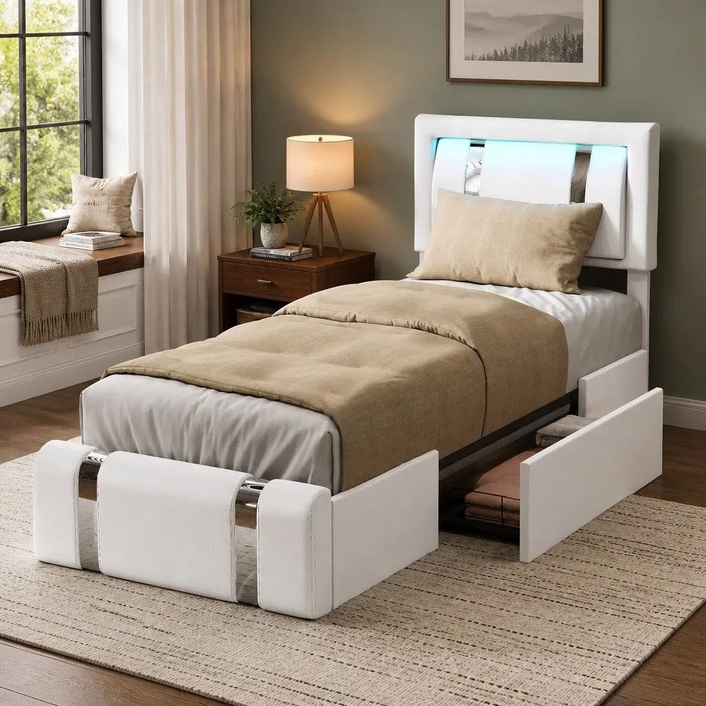 Single Bed Frame White PU Leather Adjustable Headboard RGB LED Lights USB Charging 2 Drawers 201cm x 95cm x 112cm