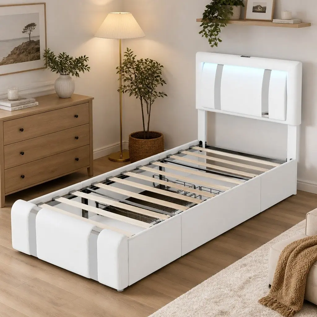 Single Bed Frame White PU Leather Adjustable Headboard RGB LED Lights USB Charging 2 Drawers 201cm x 95cm x 112cm