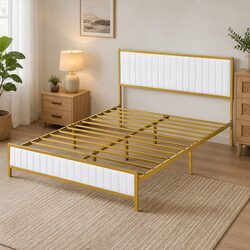 Elegant Double Bed Frame with Storage and Padded Headboard