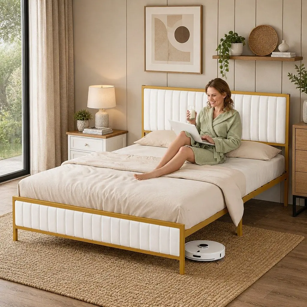Double Bed Frame with Storage and Padded Headboard