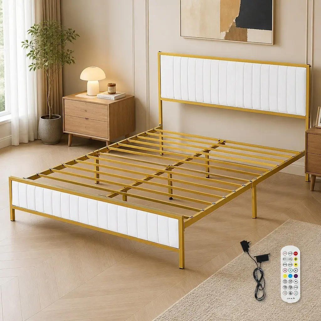 Double Bed Frame with Storage and Padded Headboard