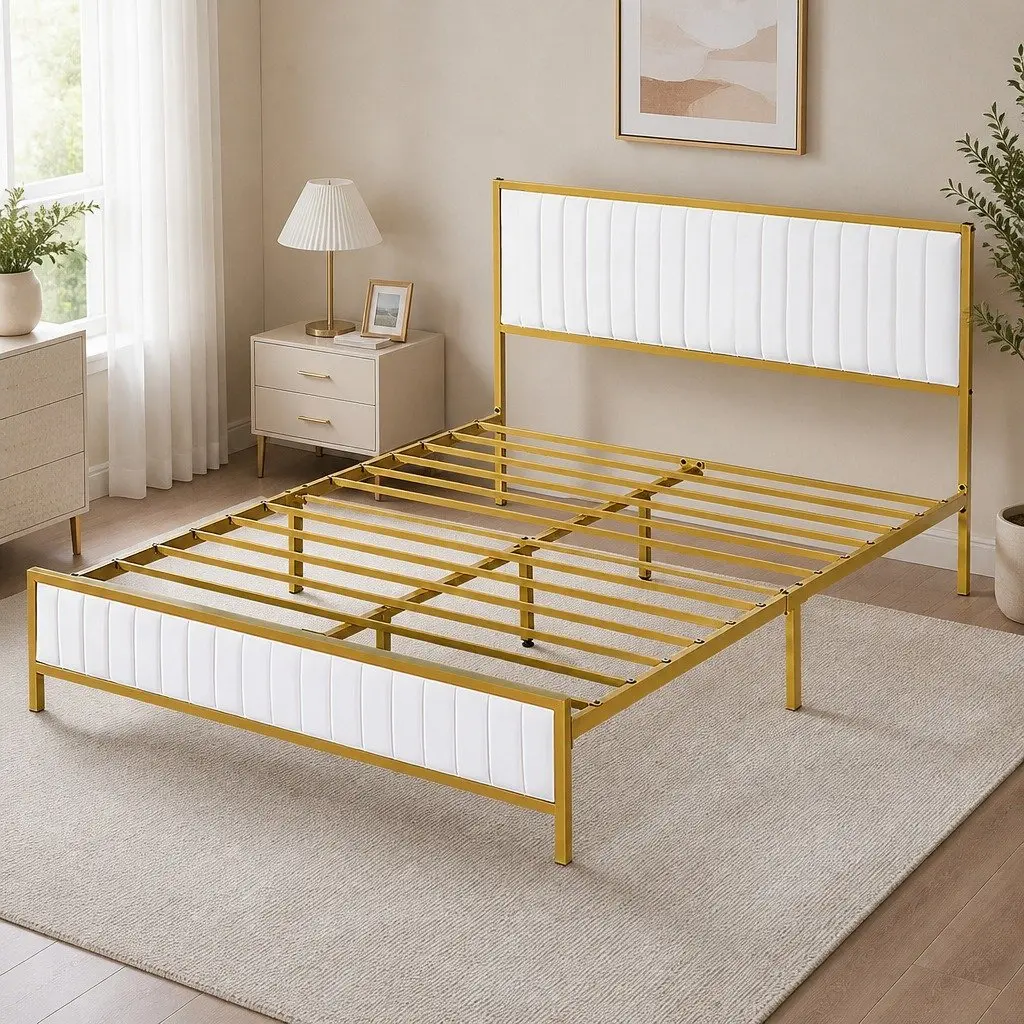 Queen Bed Frame Beige Padded Headboard Metal Legs Under Bed Storage