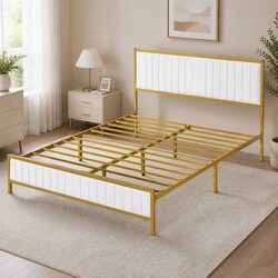Beige Queen Bed Frame with Metal Legs and Storage